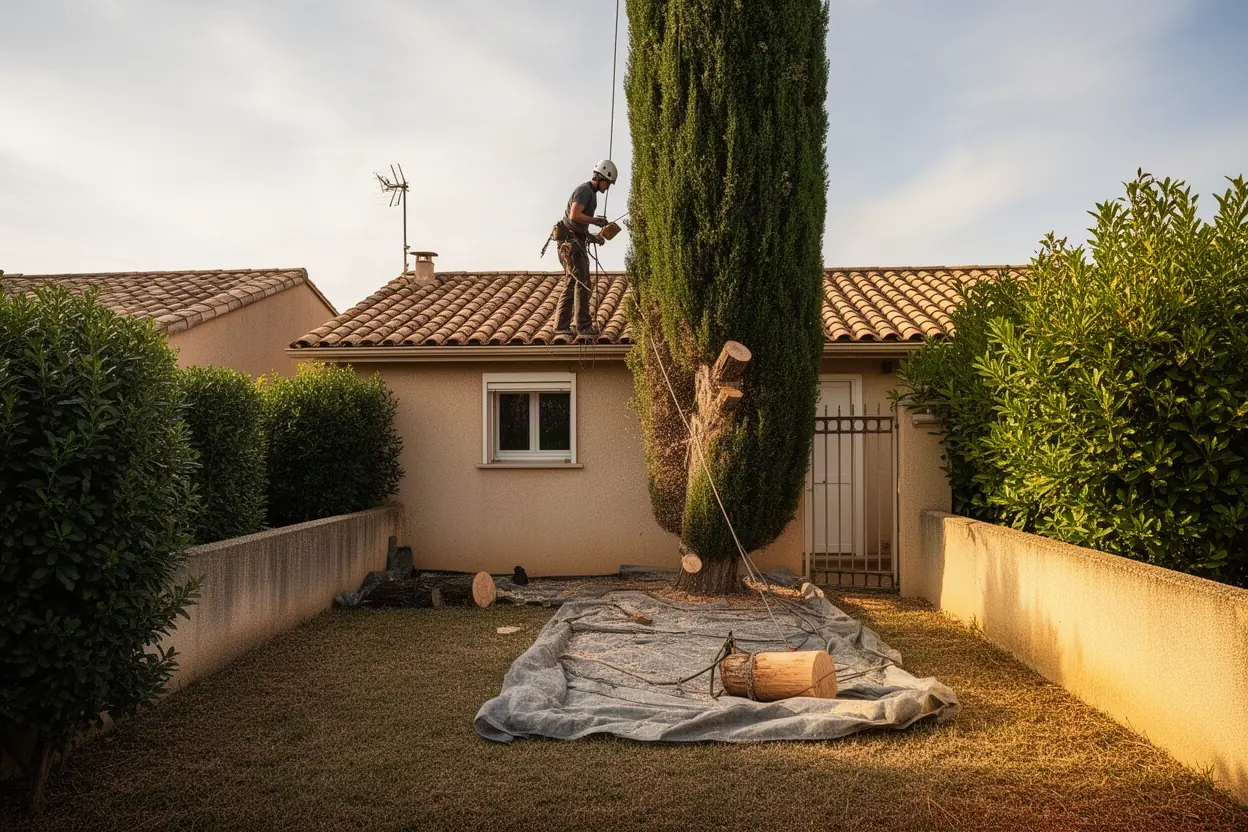 Arboriste démontant un arbre dangereux à Nîmes