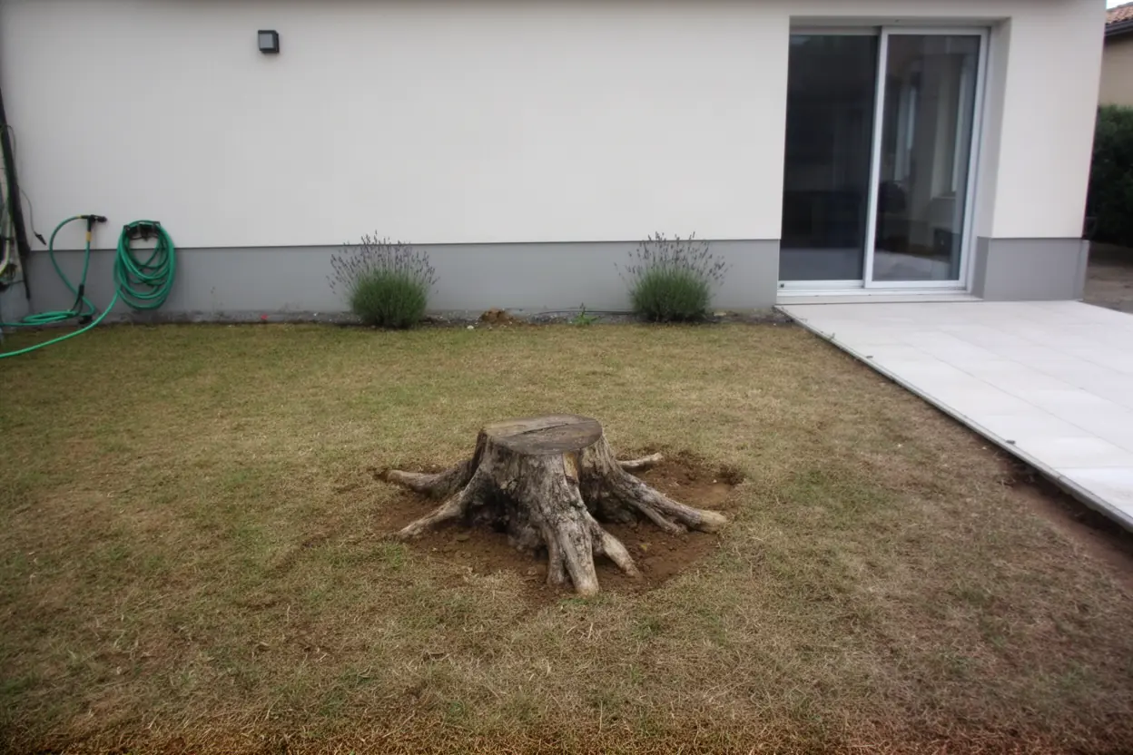 Souche d'olivier avant rognage dans jardin nîmois
