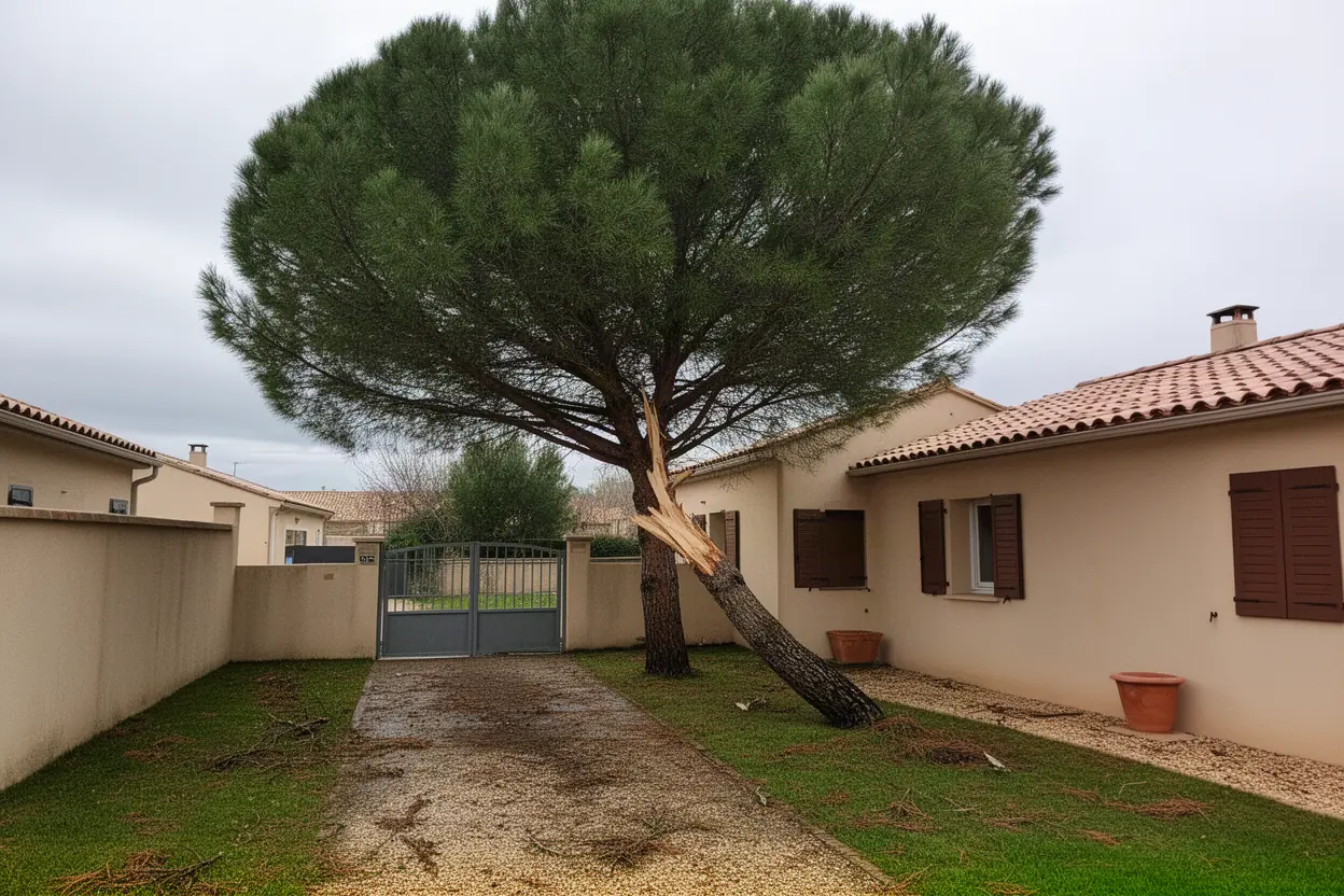 Branche arrachée suspendue au-dessus d'une allée à Bouillargues