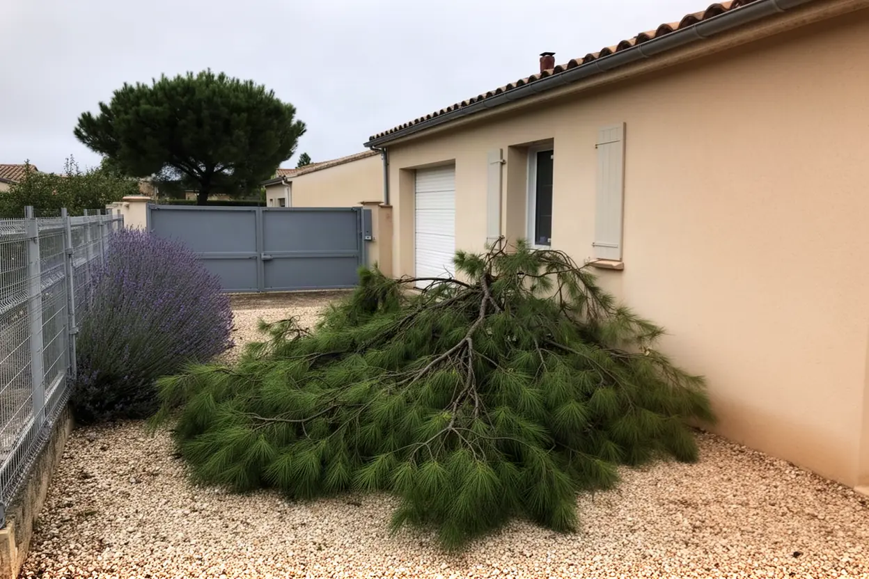 Branches de pin tombées avant enlèvement à Caveirac