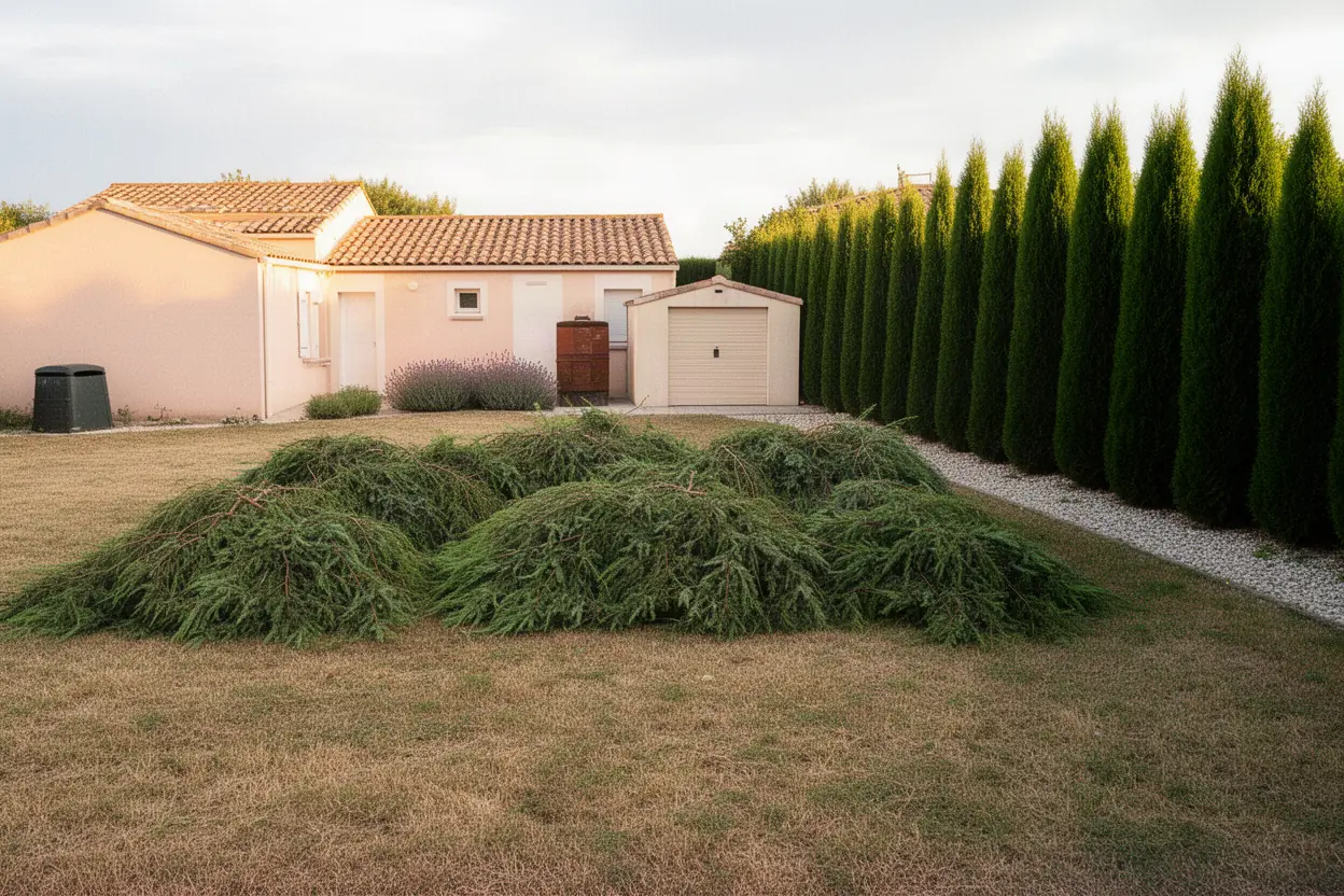 Rameaux de haie accumulés dans un jardin à Manduel