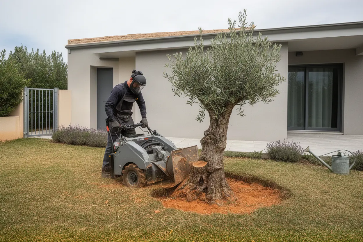 Rogneuse retirant une souche dans un jardin nîmois