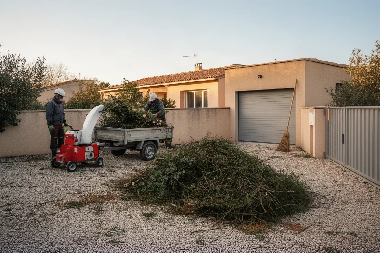 Broyeur traitant des branches après chantier à Manduel